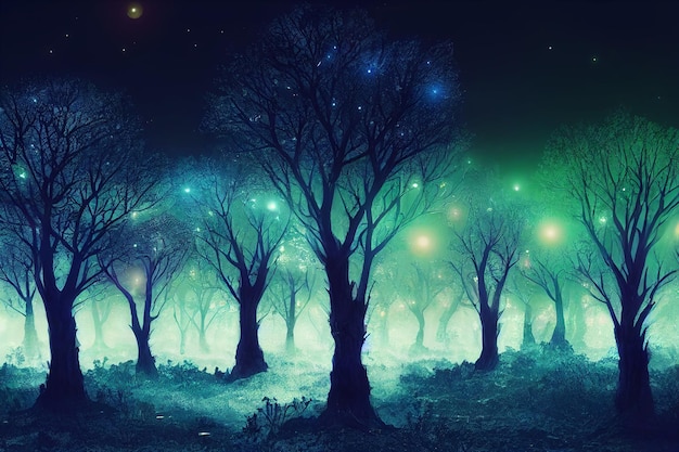 Ilustración fantasía del bosque de neón Brillante colorido parece un cuento de hadas