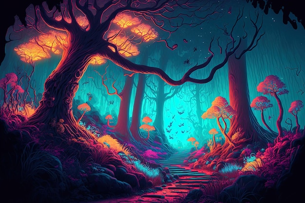 Ilustración de fantasía de un brillante y colorido bosque iluminado con neón que se asemeja a un cuento de hadas