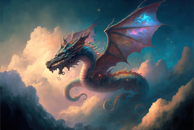 Una ilustración de fantasía épica que presenta a un dragón que vuela a través de las nubes. Hermosa magia. Cuento misterioso. IA generativa.