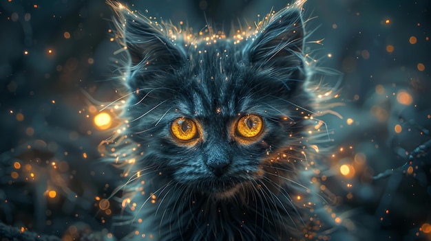 Una ilustración de fantasía de un gatito nigromante