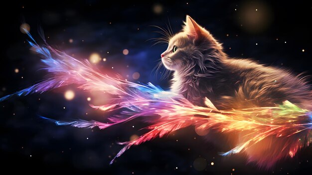 Ilustración de fantasía de un gato volando en el cielo nocturno con efecto de fuego arco iris