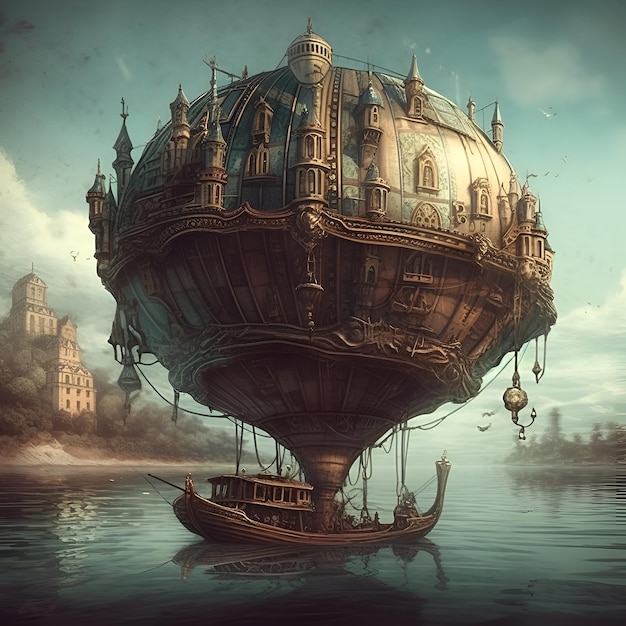 Ilustración de fantasía de un globo de aire caliente flotando sobre el río