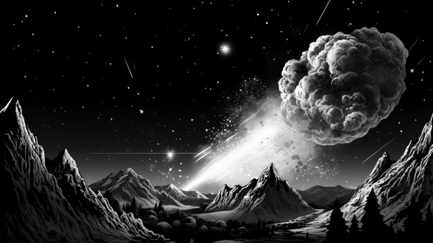 Foto ilustración de fantasía el impacto de un meteorito en un elaborado estilo en blanco y negro