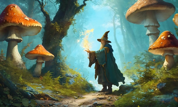 Ilustración de fantasía de un mago lanzando un hechizo entre setas mágicas gigantes en el bosque