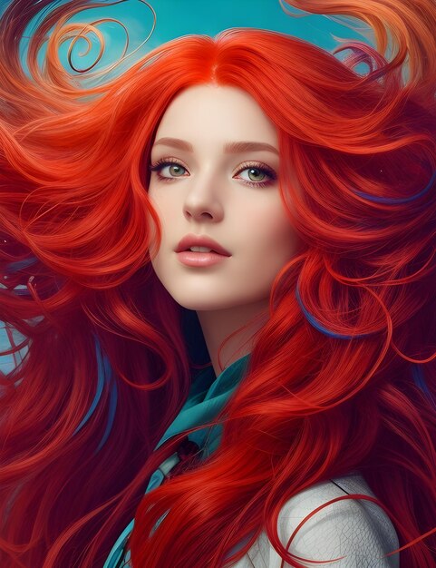 Ilustración de fantasía de una misteriosa mujer hermosa con cabello rojo largo y un pájaro una flor