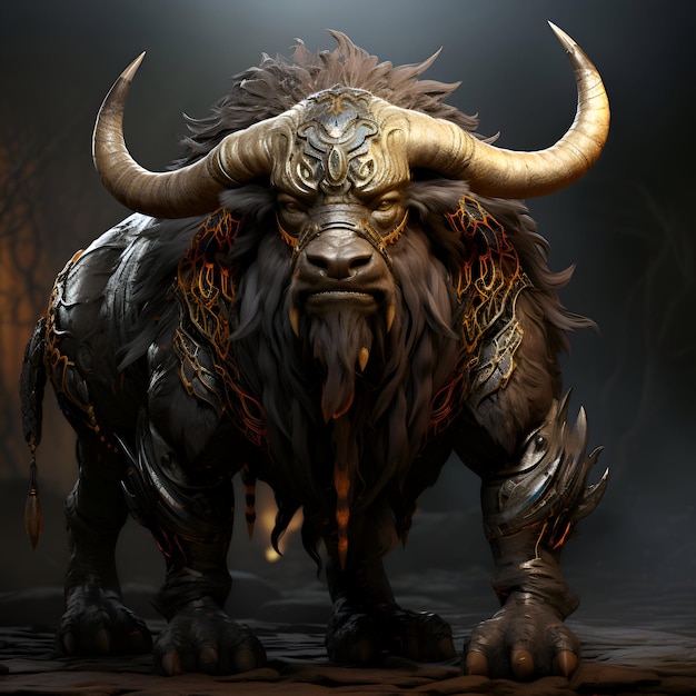 Ilustración de fantasía con un poderoso búfalo negro sobre un fondo oscuro