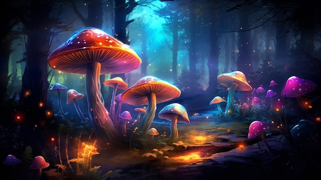 Ilustración de fantasía de setas del bosque y luces de neón mágicas para el fondo