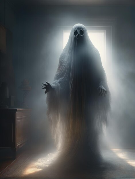 Ilustración de un fantasma ultrarrealista en una espectacular niebla ligera.