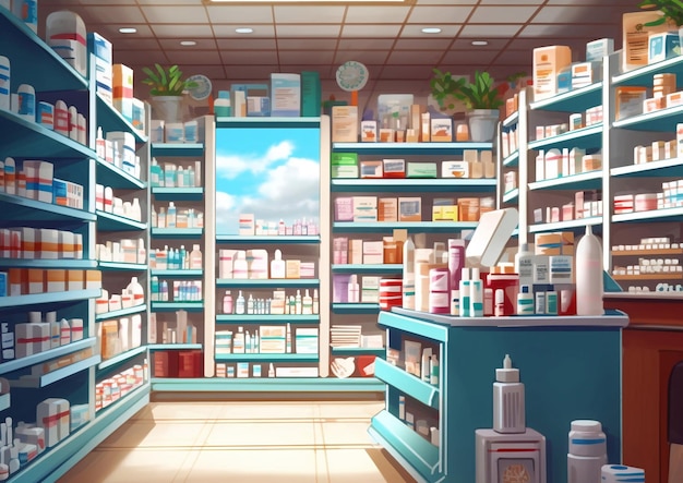 Foto ilustración de una farmacia o clínica vacía con medicamentos en los estantes