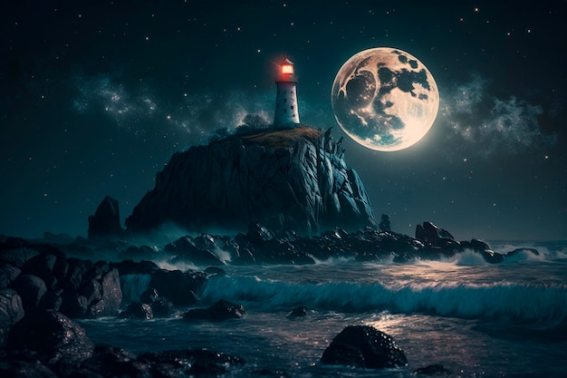 Ilustración de un faro en la costa de noche con luna y reflejo generado por IA