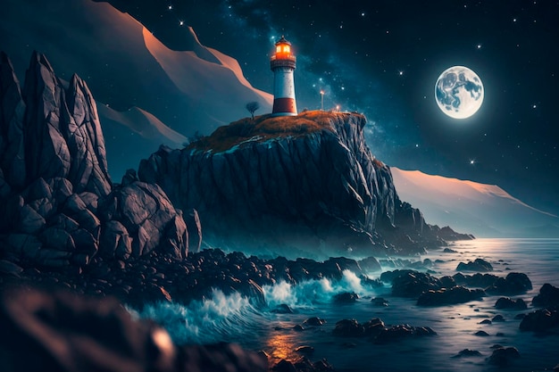 Ilustración de un faro en la costa de noche con luna y reflejo generado por IA