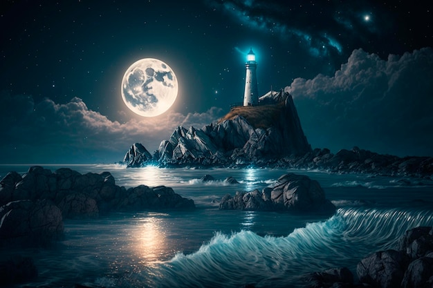 Ilustración de un faro en la costa de noche con luna y reflejo generado por IA