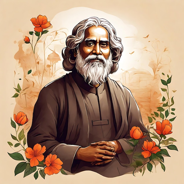 Foto ilustración del feliz aniversario de rabindranath tagore dibujada a mano