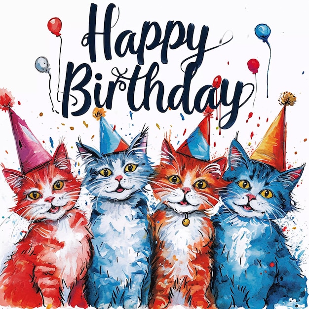 Ilustración de feliz cumpleaños con estilo de postal de gato IA generativa