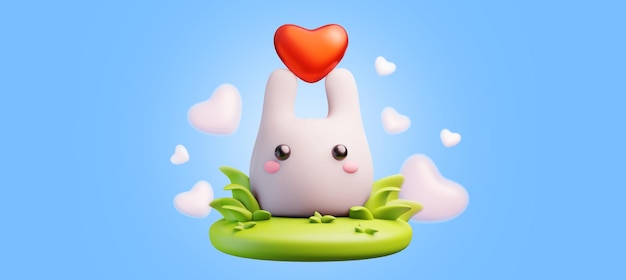 Ilustración de feliz día de San Valentín con un pequeño conejo dulce en 3D con corazón en color azul fondo horizontal con hierba Diseño romántico de conejo de vacaciones para cartel de felicitación