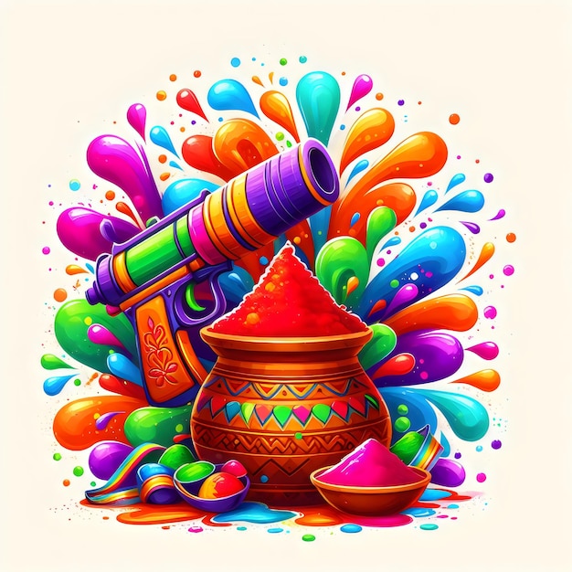 Ilustración feliz del festival de Holi con colorido líquido salpicado gulal en olla de arcilla y arma de agua