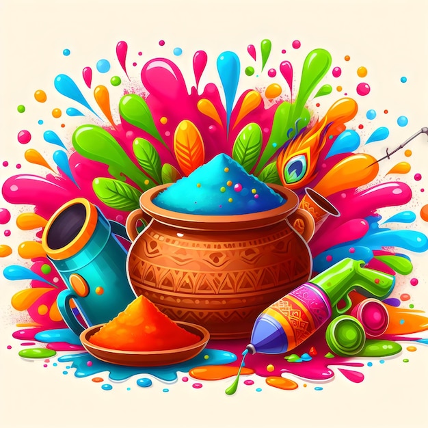 Ilustración feliz del festival de Holi con colorido líquido salpicado gulal en olla de arcilla y arma de agua