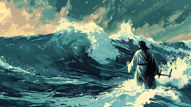 Ilustración del feliz Moisés separando el mar Rojo en la historia bíblica