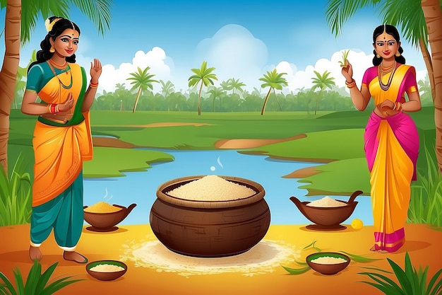 Ilustración del feliz Pongal Holiday Festival de la cosecha de Tamil Nadu en el saludo del sur de la India