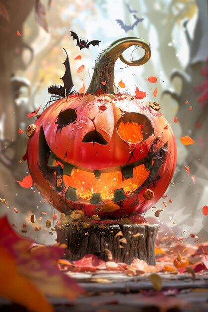 Ilustración festiva encantadora de linterna de calabaza de otoño con hojas que caen y brillo mágico para