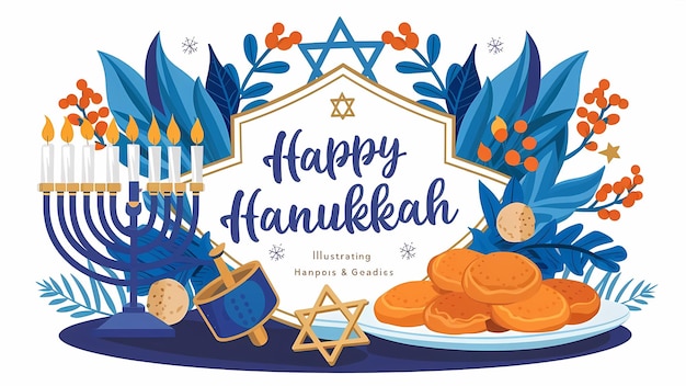 Ilustración festiva de Hanukkah con Menorah Dreidel y la Estrella de David para las invitaciones de tarjetas