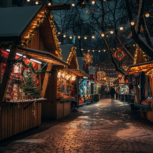 Ilustración festiva del mercado navideño de invierno con luces navideñas en la calle