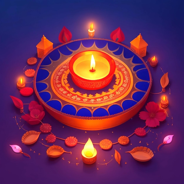 Foto ilustración del festival de diwali diya lamp con rangoli en la parte inferior