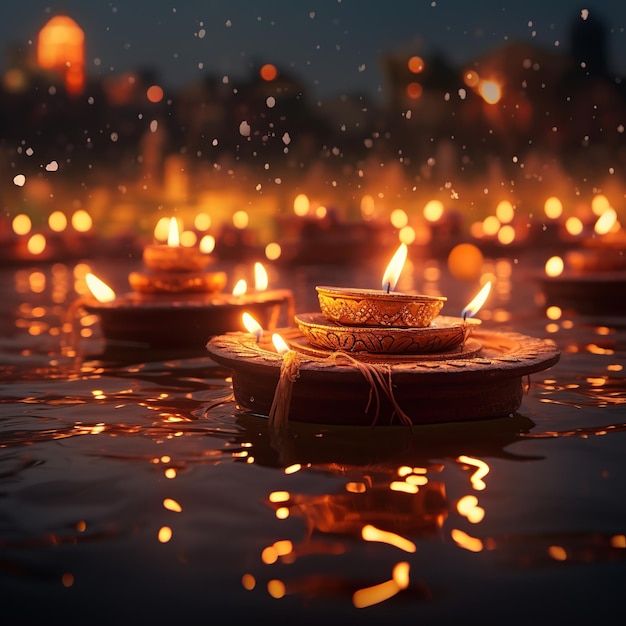 ilustración del festival diwali de luces lámparas diya de aceite en ganges