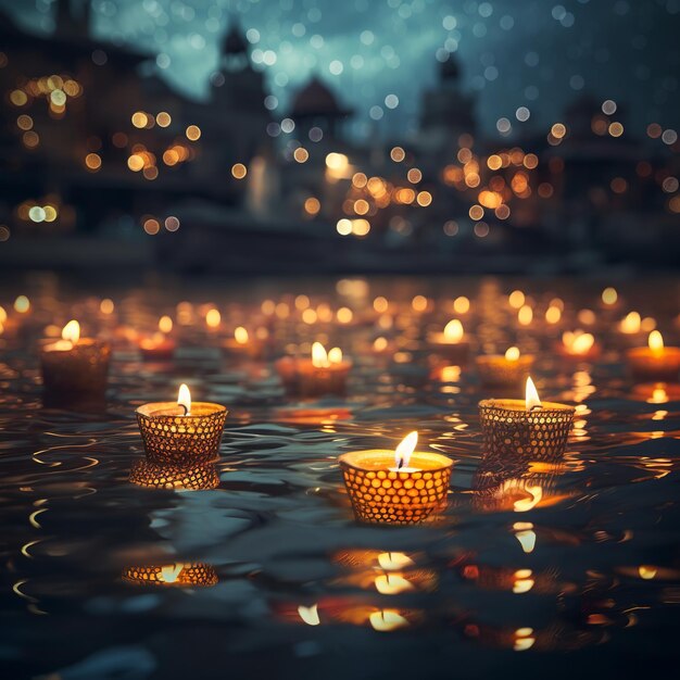 Foto ilustración del festival diwali de luces lámparas diya de aceite en ganges