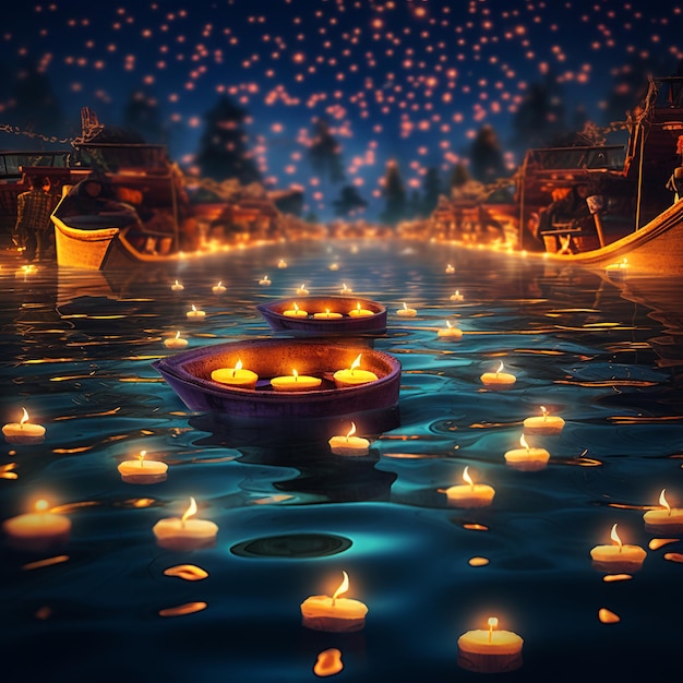 ilustración del festival diwali de luces lámparas diya de aceite en ganges