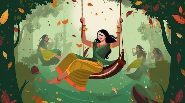 Ilustración del festival indio hariyali teej significa que la mujer teej verde disfruta del festival con columpio en monzón en un hermoso paisaje como telón de fondo ilustración