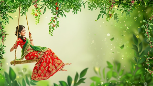 Ilustración del festival indio Hariyali teej significa teej verde mujer disfruta del festival con swing en el monzón en un hermoso paisaje de fondo x9