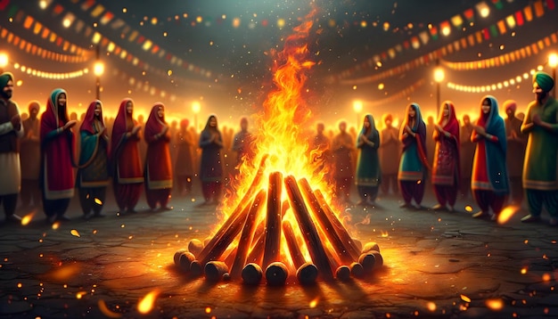 Ilustración del festival de Lohri con personas y hoguera