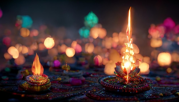 Ilustración del festival de luces de Diwali tradición Diya lámparas de aceite contra un fondo oscuro