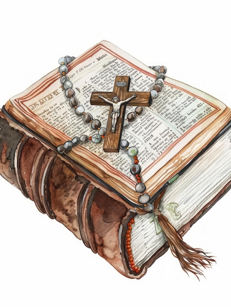 Ilustración fiel de cuentas de rosario católico en la Biblia antigua IA generativa
