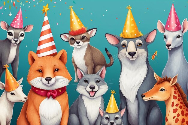 Ilustración de una fiesta de animales caprichosos con sombreros de fiesta