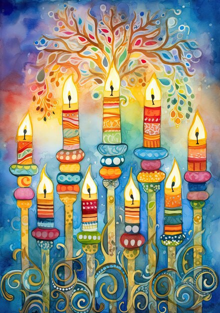 Ilustración de la fiesta judía Hanukkah con la menorá candelabro tradicional acuarela