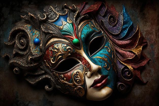 Ilustración Fiesta de máscaras de carnaval multicolor con IA generativa inspirada en el antiguo dominó veneciano