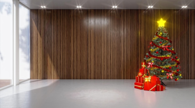 Foto ilustración de la fiesta de navidad casa bellamente decorada con un árbol de navidad