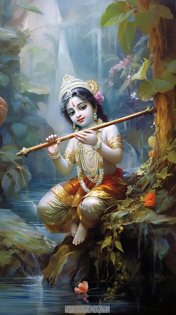 Ilustración de la flauta de plumas de Dios indio o bansuri Ai Generado