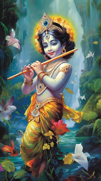 Ilustración de la flauta de plumas de Dios indio o bansuri Ai Generado