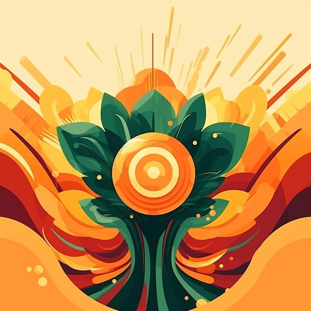 Ilustración de una flor estilizada con un sol en el fondo