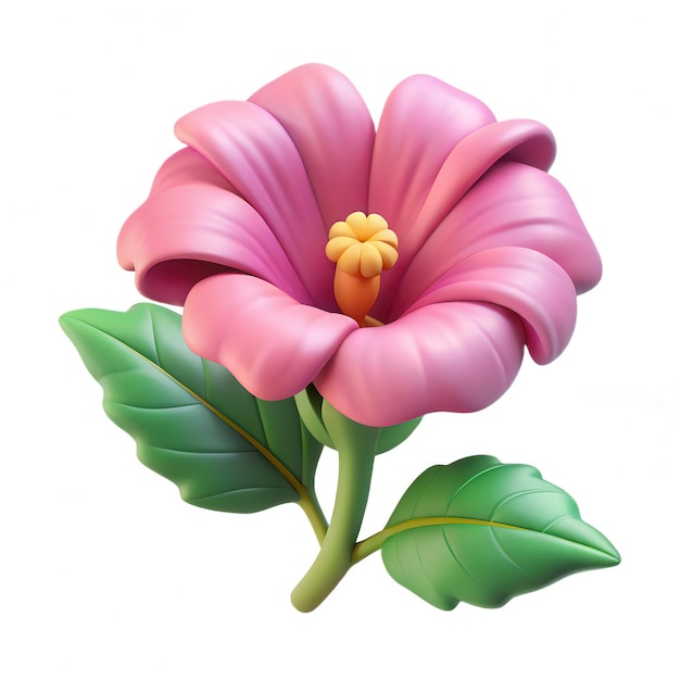 Ilustración de la flor de hibisco rosa con pétalos vibrantes y hojas verdes exuberantes arte botánico