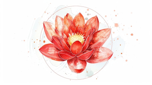 Una ilustración de una flor de loto roja en acuarela con un diseño de mandala estilo chino indio oriental elementos en círculo patrón de flor aislado en un fondo blanco plantilla de logotipo moderno