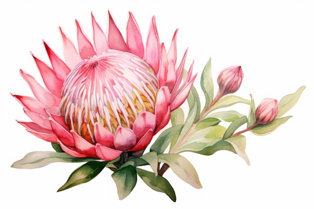 Ilustración de la flor de Navidad de protea de acuarela rosa sobre fondo blanco