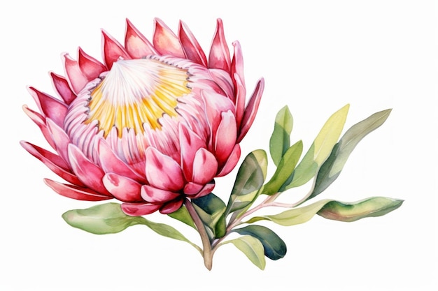 Ilustración de flor de temporada de Navidad protea acuarela rosa sobre fondo blanco