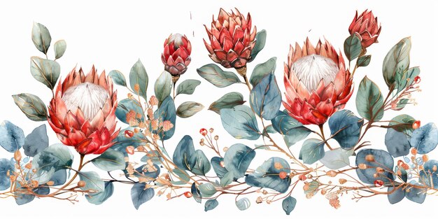 Foto ilustración floral de acuarela caprichosa con protea y rosas ia generativa