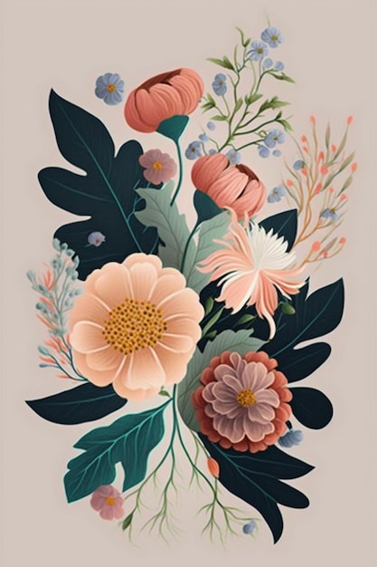 Una ilustración floral con un arreglo floral en la parte inferior.