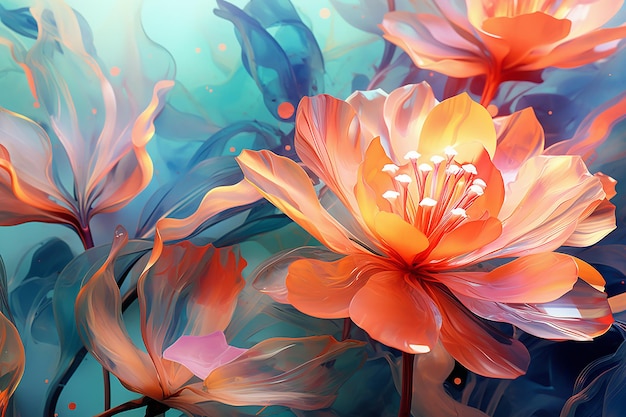 Foto ilustración floral dibujada en acuarela flores naranjas en fondo azul diseño abstracto colorido