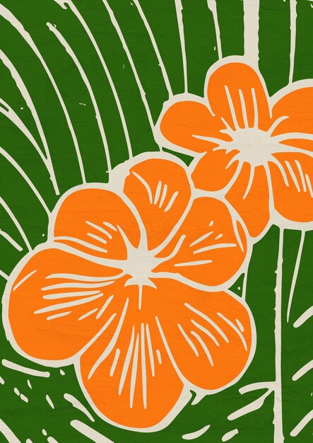 Ilustración floral hecha a mano de arte botánico retro en linóleo